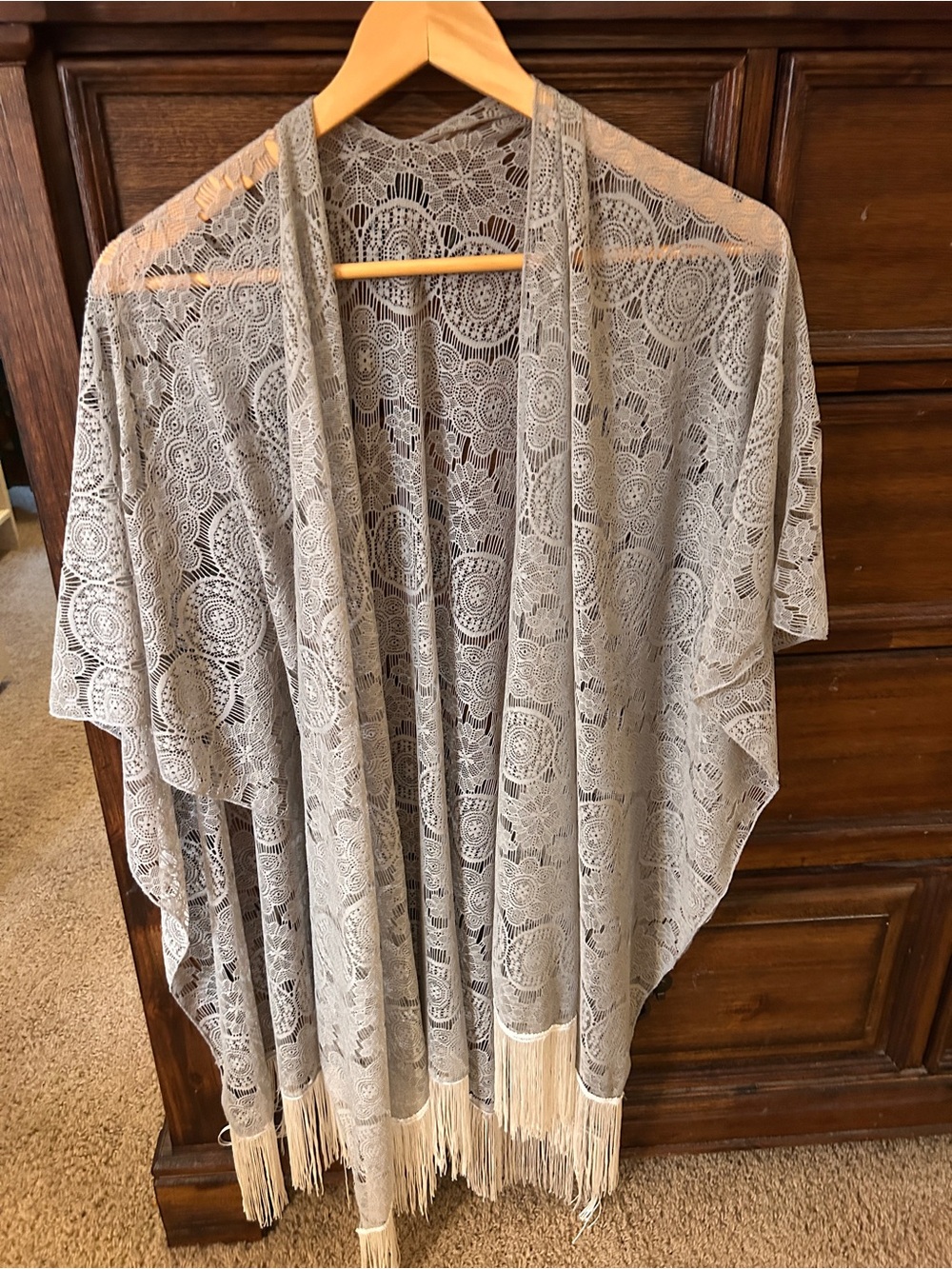 Sheer Lace Fringe Kimono Cardigan - Light Gray